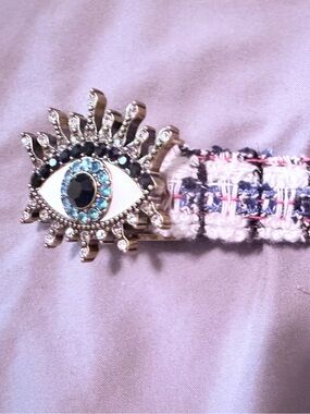 Kurt Geiger Tweed Belt with Decorative Eye Buckle in Blue, White and Pink